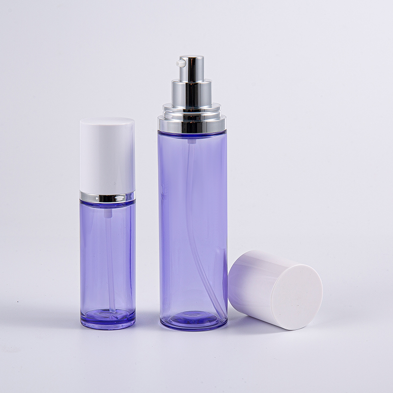 Bouteille de lotion sérique ronde de couleur violette avec pompe en aluminium